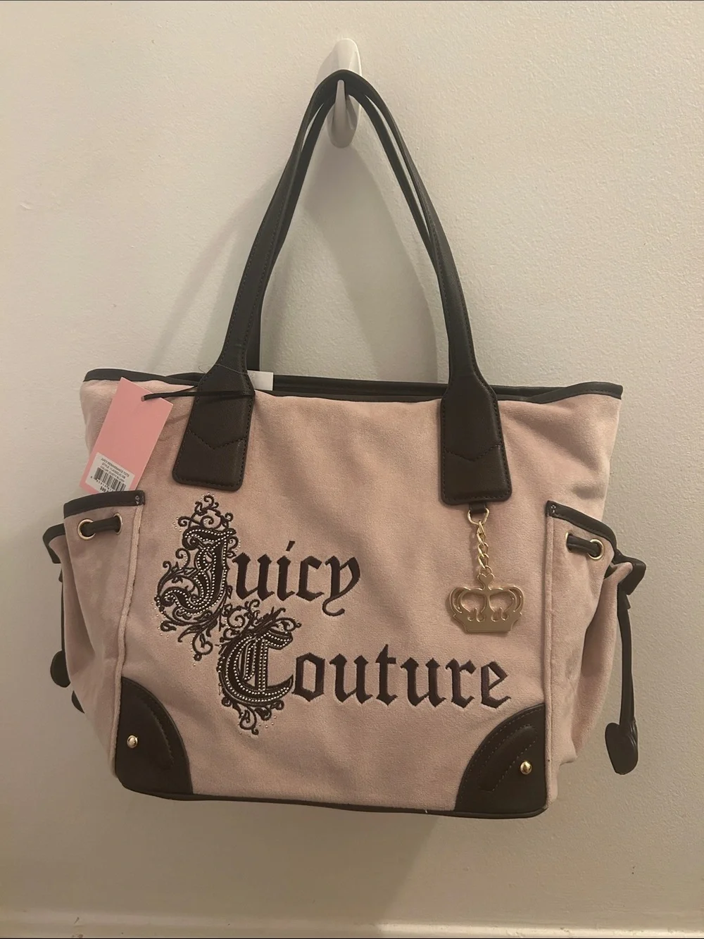 Juicy Couture Blush Pink Canvas Tote with Dark Brown Trim and Gold Crown Charm